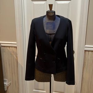 Double breasted navy blue jacket, super cute with jeans.